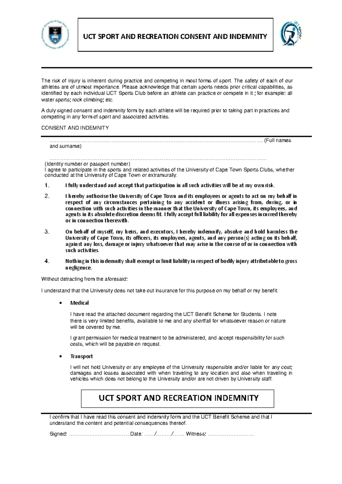 UCT SPORT AND RECREATION CONSENT & INDEMNITY FORM - Studocu