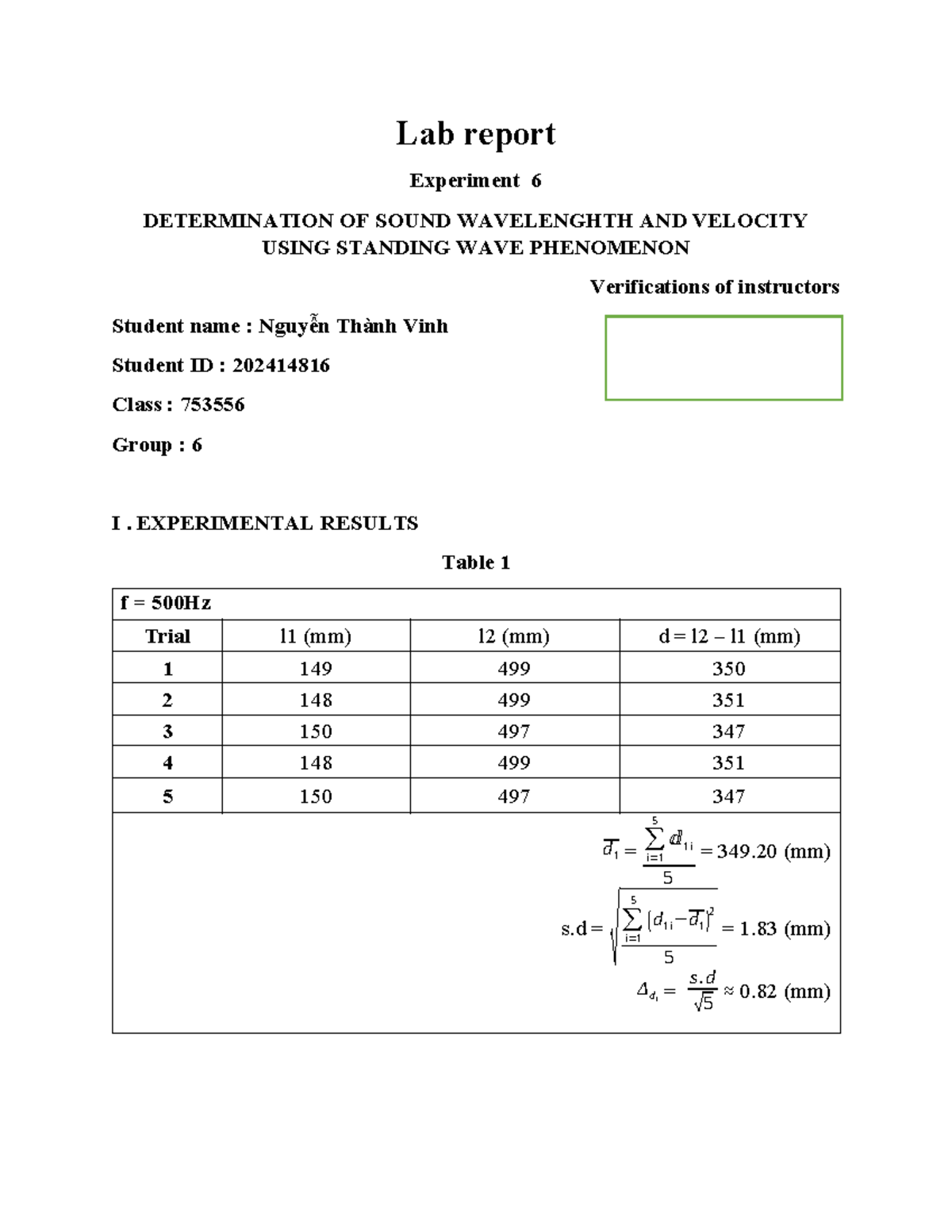 Lab Report 753556: Sound Wavelength & Velocity via Standing Waves - Studocu