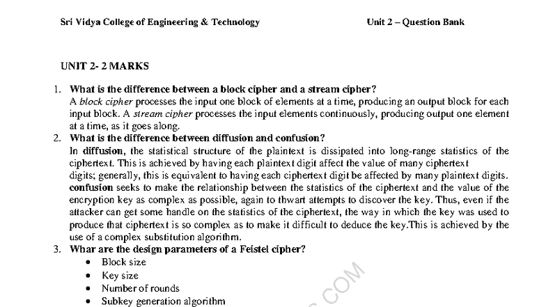 CS6701 Unit 2 Question Bank - Cryptography & Network Security - Studocu