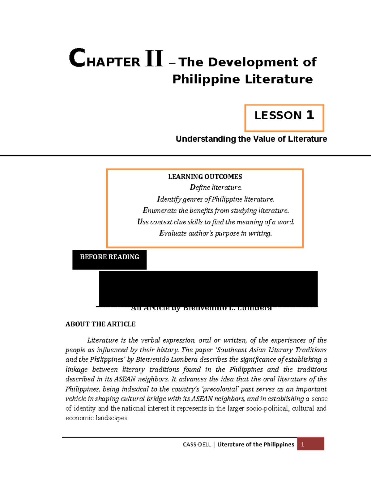 Understanding The Value Of Philippine Literature Chapter Ii The