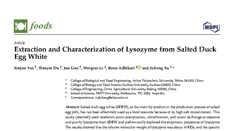 Extraction and Characterization of Lysozyme from Salted Duck Egg White ...
