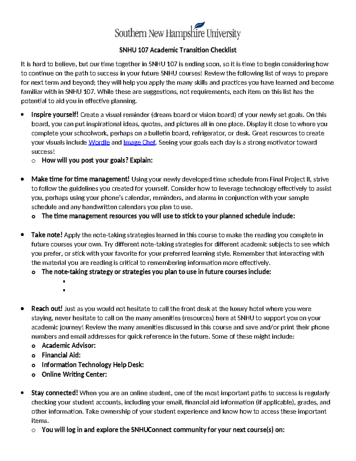 SNHU 107 Academic Transition Success Checklist - Studocu