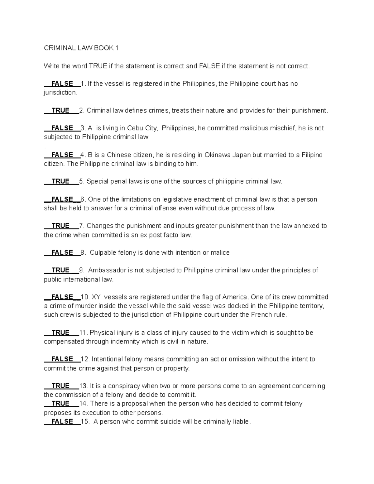 Criminal Law Book 1 - True or False Activity Guide - Studocu