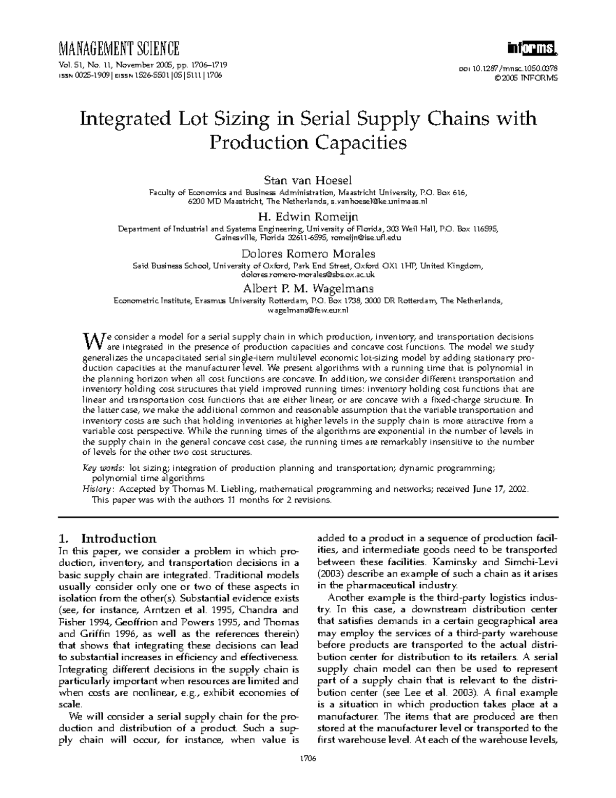 "MANAGEMENT SCIENCE: Integrated Lot Sizing with Production Capacities ...