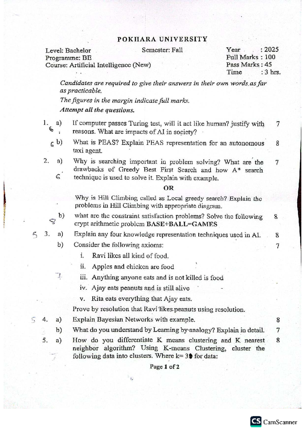 AI (New) Fall 2025 - Question Paper for BE Programme - Studocu