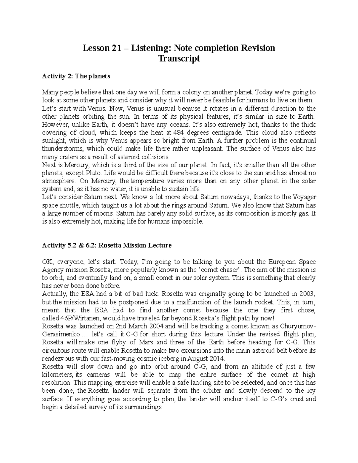 SB Lesson 21 U6 SO: Planets & Rosetta Mission Transcript - Studocu
