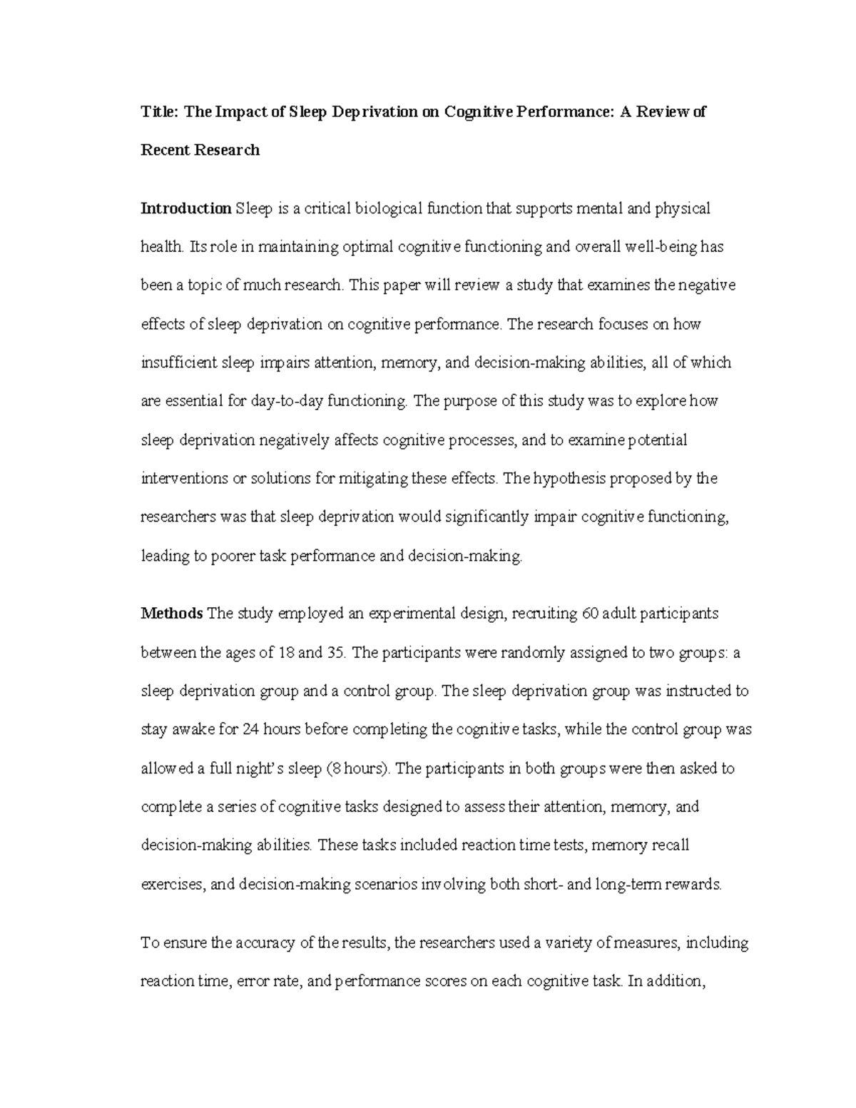 Title: PSY 201: The Effects of Sleep Deprivation on Cognitive ...