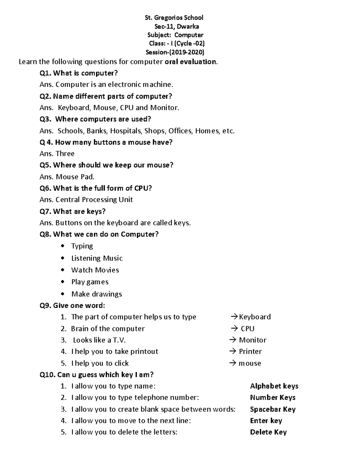 ORAL Evaluation Notes for Computer Class I - St. Gregorios School - Studocu