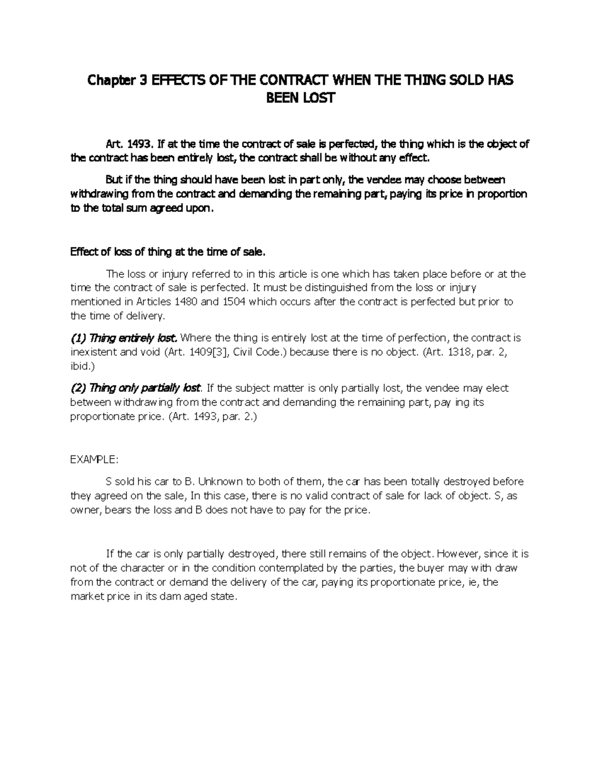 Chapter 3: Effects of the Contract When the Sold Thing is Lost - Studocu