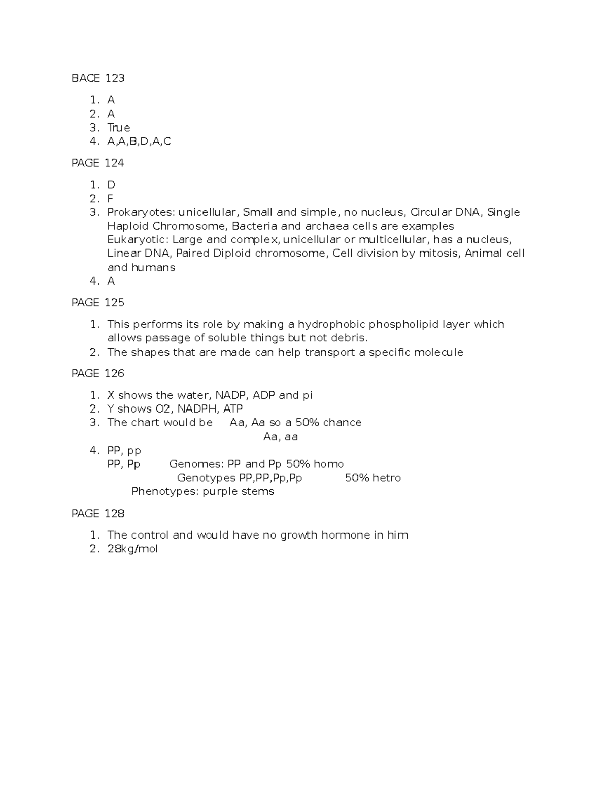 BACE 123 - For assignment 123 - BACE 123 1. A 2. A True A,A,B,D,A,C ...