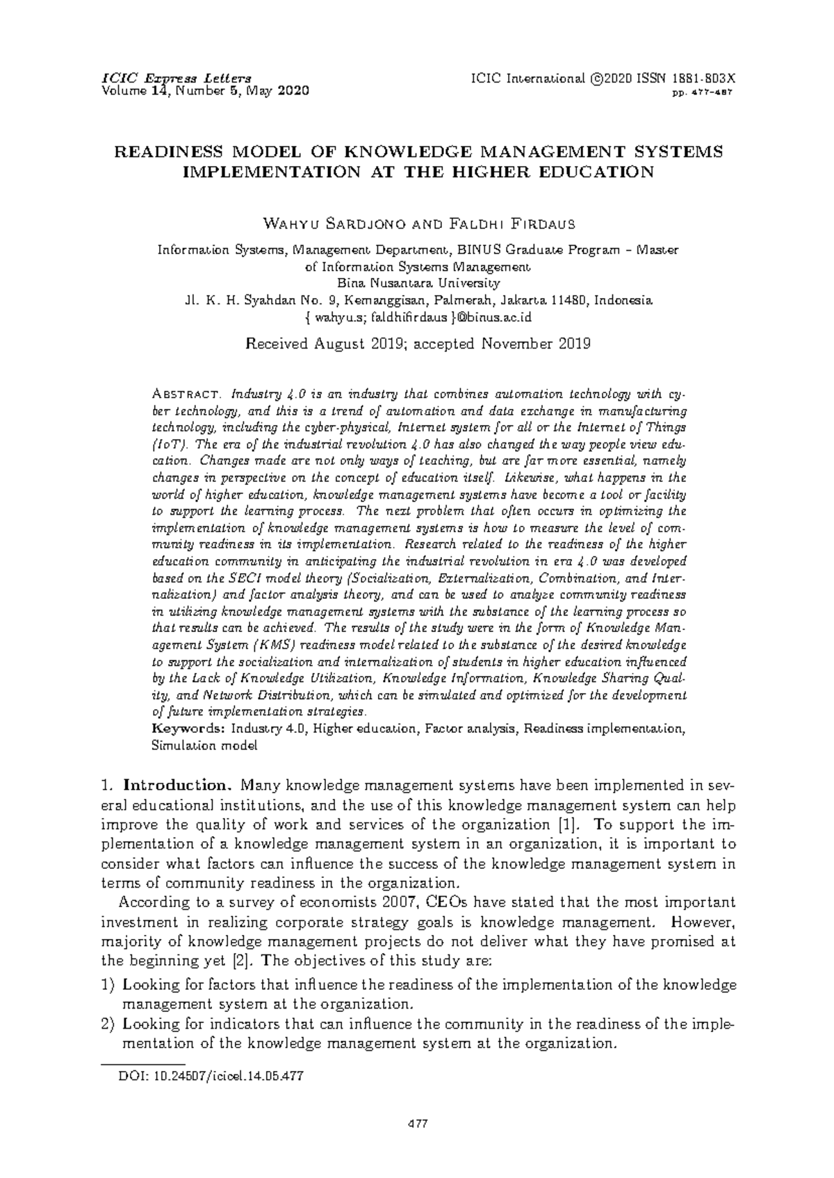 ICIC 14:5 - Readiness Model for KMS Implementation in Higher Ed - Studocu