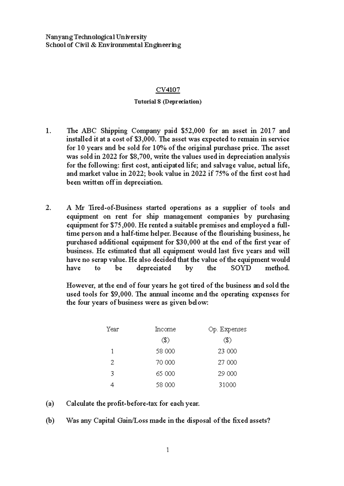 Tutorial 8 CV4107 Depreciation Analysis and Calculations 2025 - Studocu