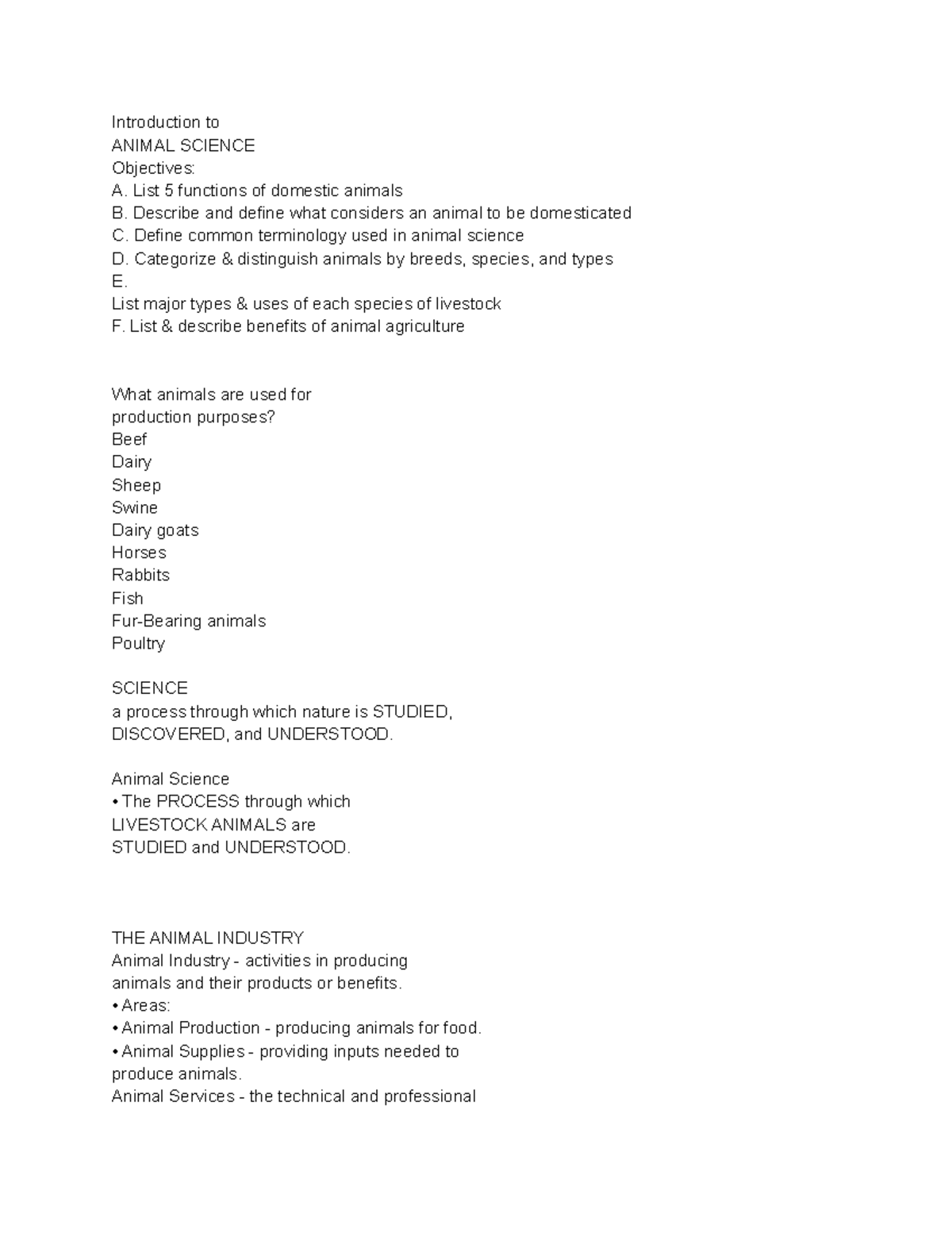 Animal science notes - Introduction to ANIMAL SCIENCE Objectives: A ...