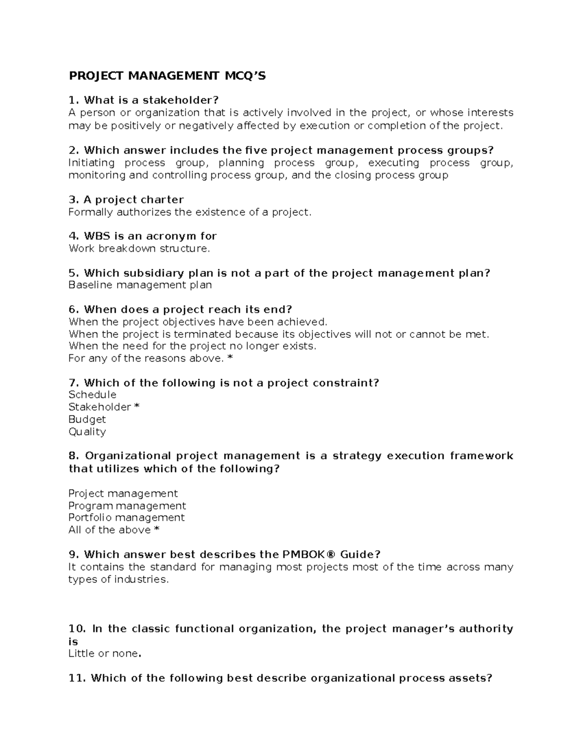 Quiz 1: Project Management MCQs & Answers (June 7, 2020) - Studocu