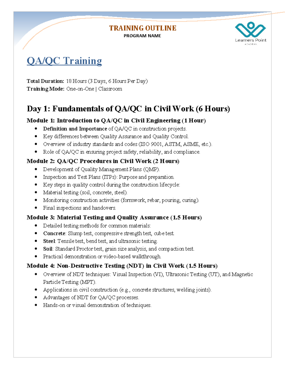 QA QC Training Outline - qaqc - TRAINING OUTLINE PROGRAM NAME QA/QC ...
