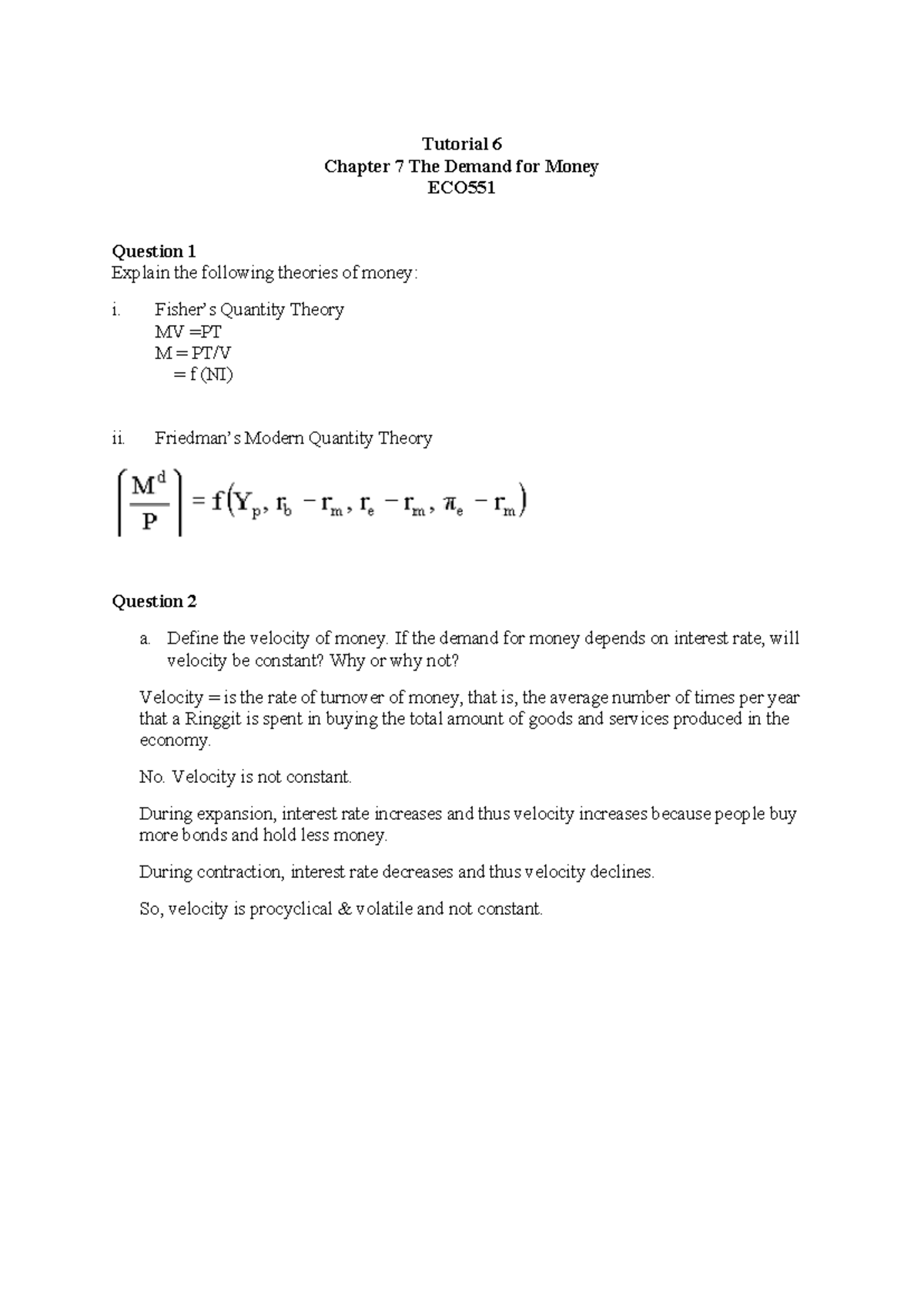 ECO531 Monetary Theory: Tutorial 6 Q&A on Money Demand & Theory - Studocu