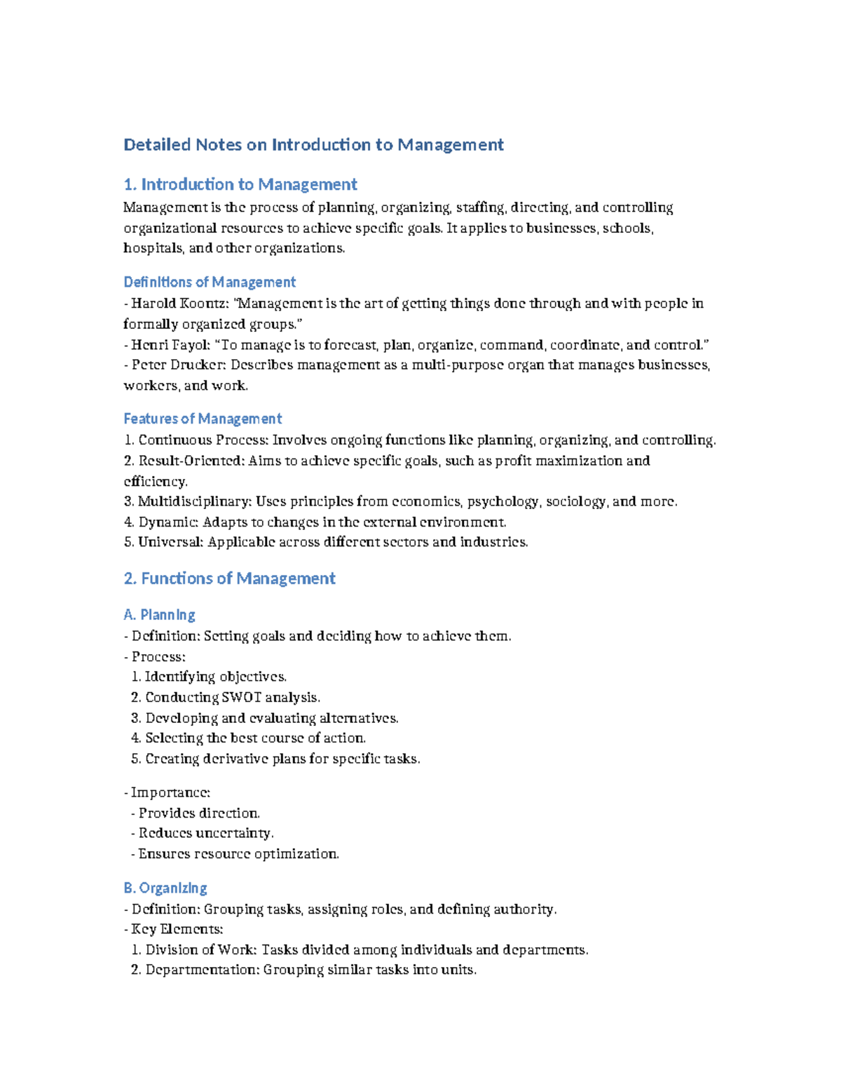 Introduction to Management (MGMT 101) Lecture Notes - Studocu