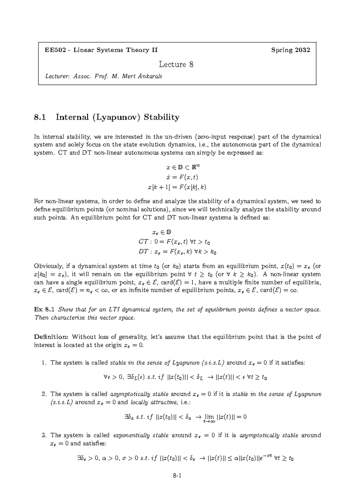 EE502 Linear Systems Theory II Spring 2032 Lecture 8: Internal ...