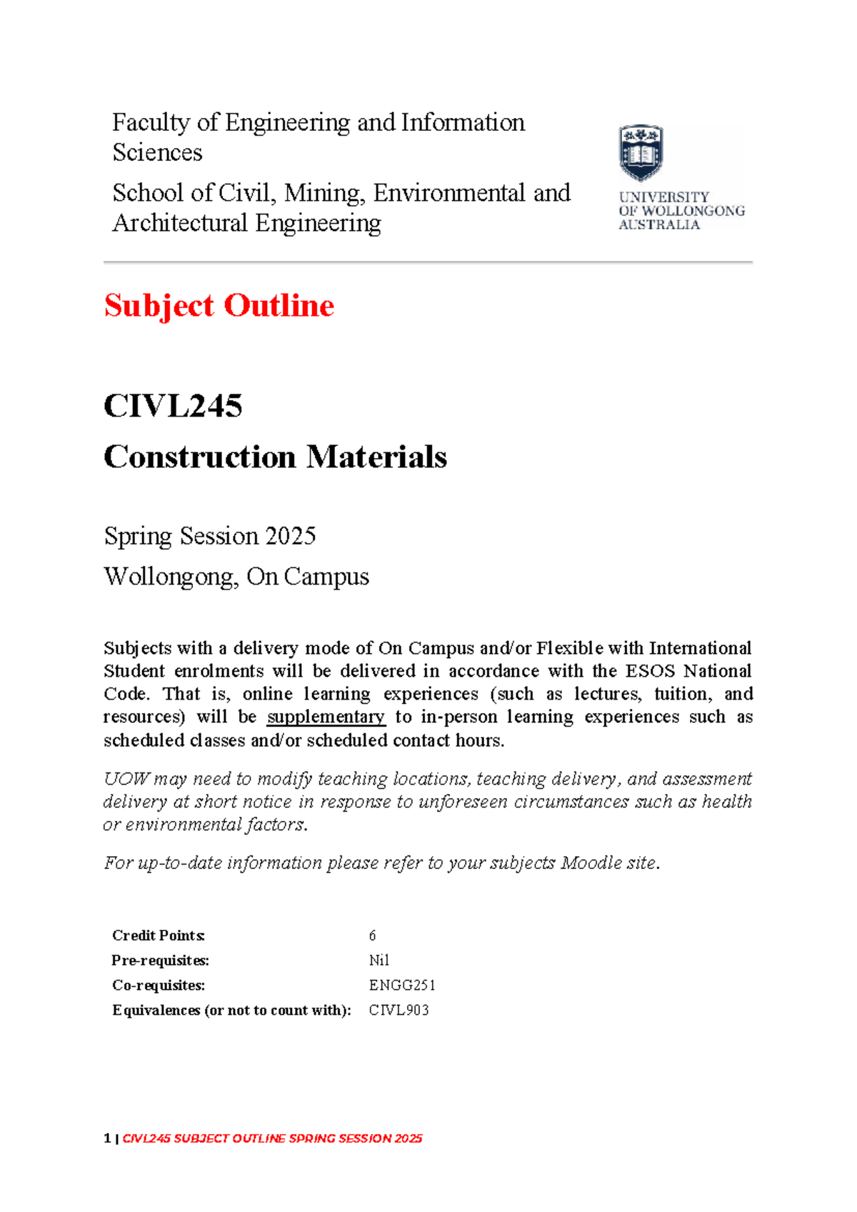 CIVL245 Construction Materials Subject Outline - Spring 2025 - Studocu