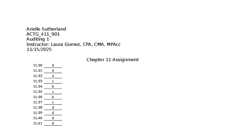 Auditing 1 - ACTG_411_901 Chapter 11 Assignment Review - Studocu