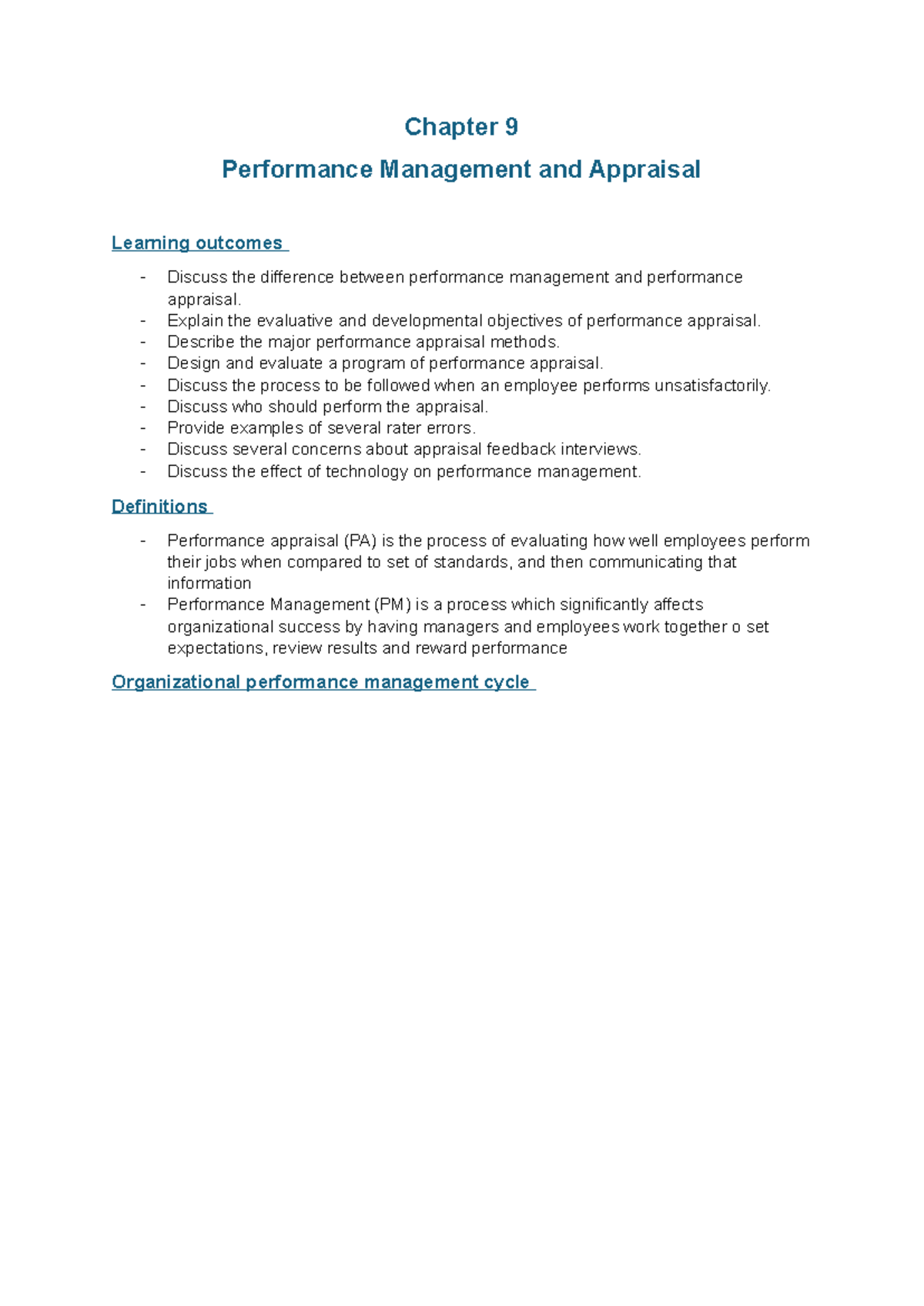 Chapter 9 summary - Chapter 9 Performance Management and Appraisal ...