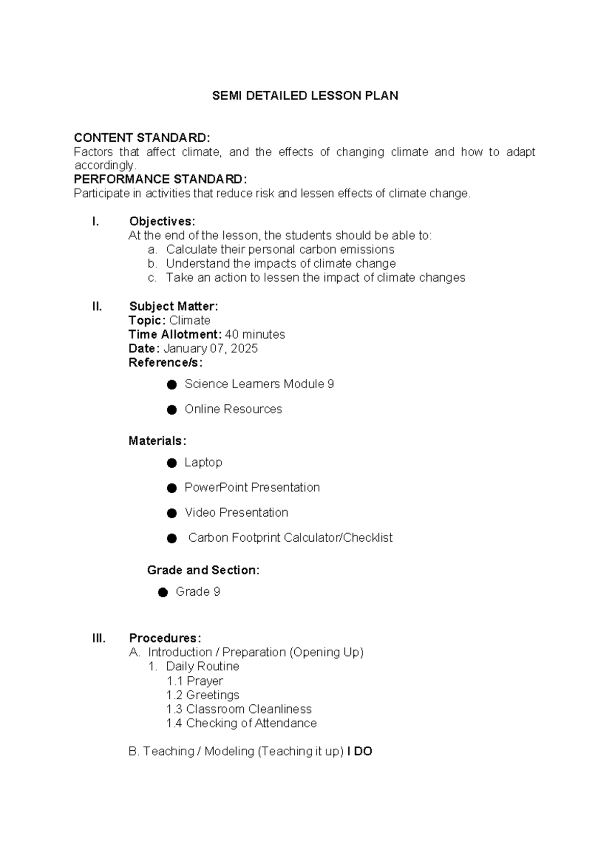 Grade 9 Climate - Semi-Detailed Lesson Plan on Climate Change Effects ...