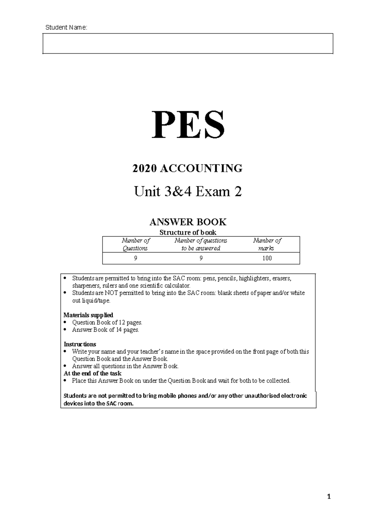 2020 pes units 3 4 exam 2 answer book - Student Name: PES 2020 ...