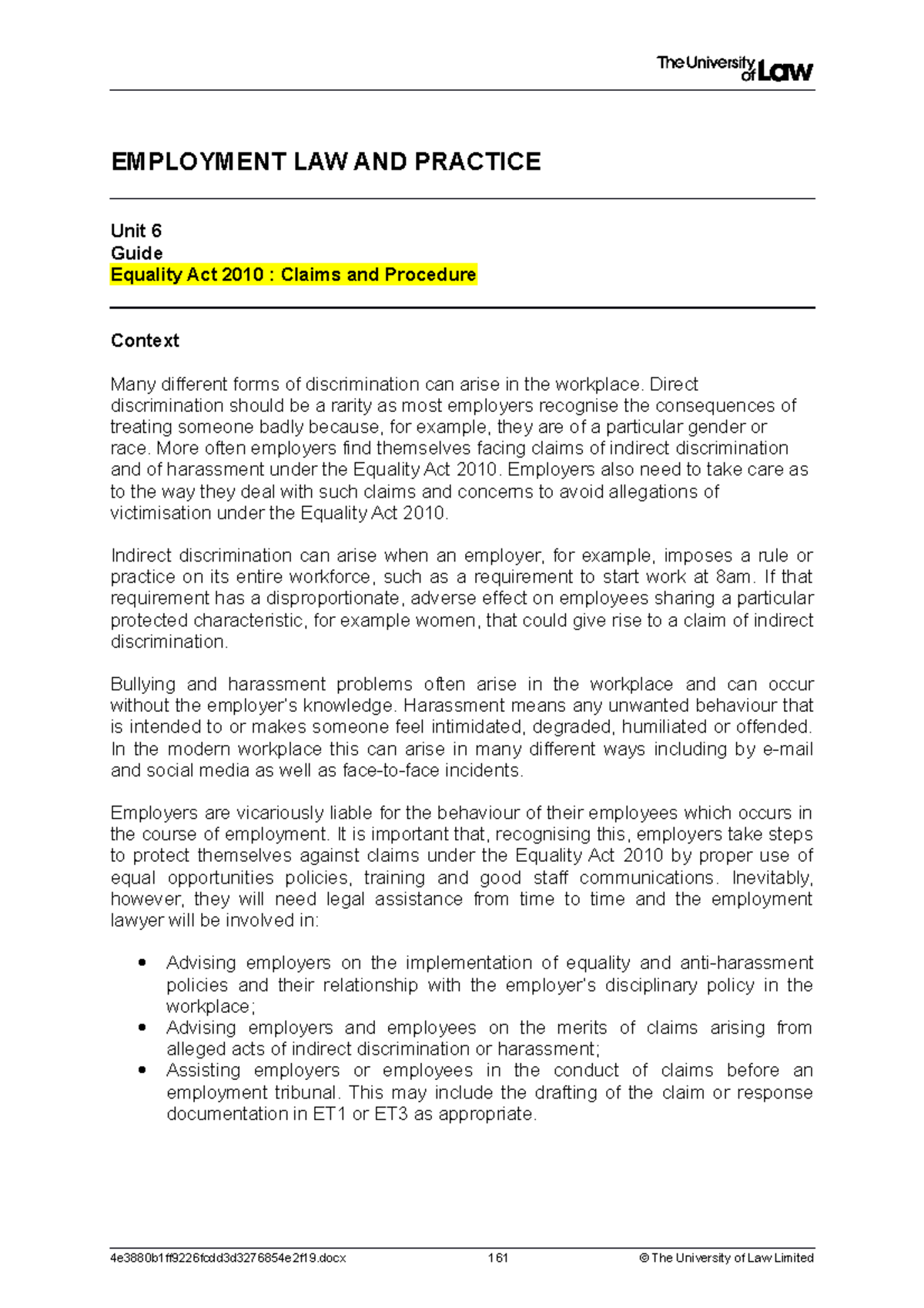 Employment Law WS 6 Indirect Discrimination and Harassment Overview ...