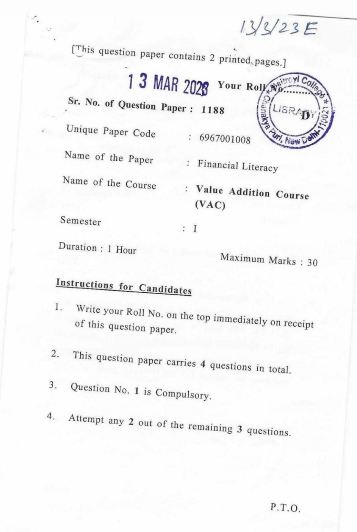 VAC I Financial Literacy - Previous Year Question Paper - Studocu