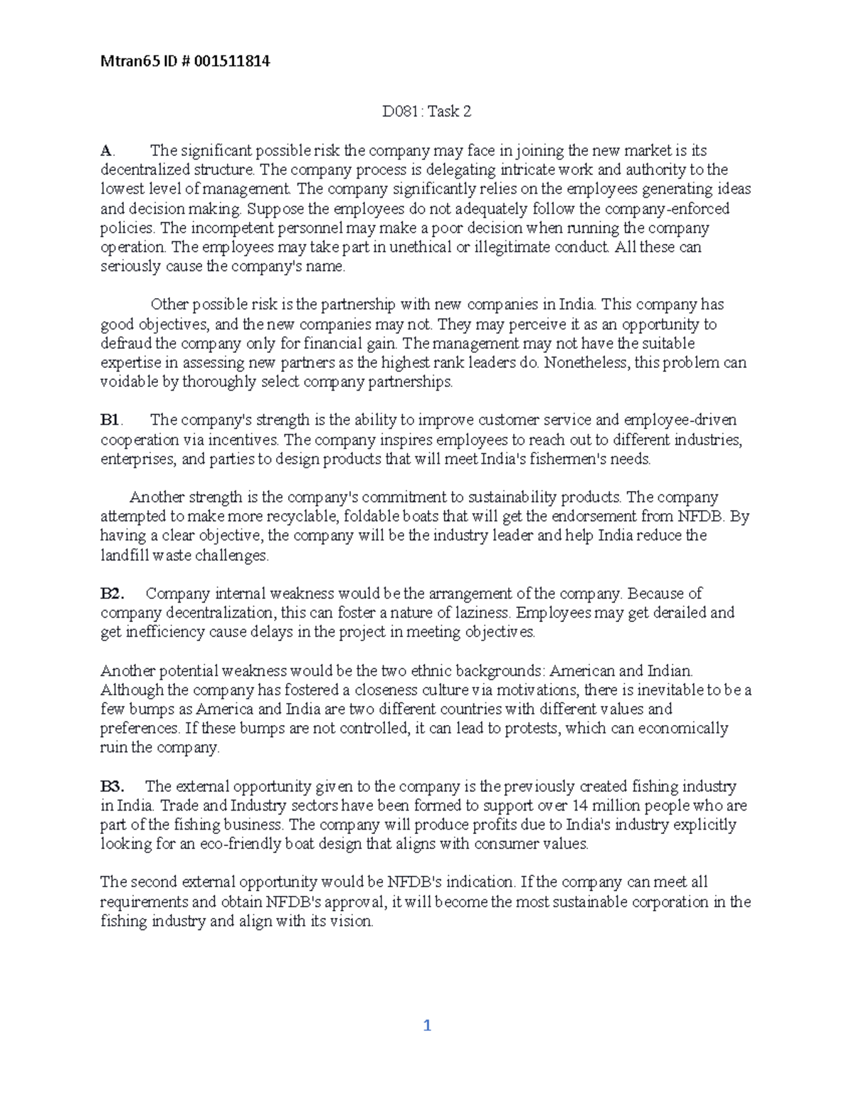 Mtran 65-D081 - Task 2 Analysis and Strategic Proposals - Studocu