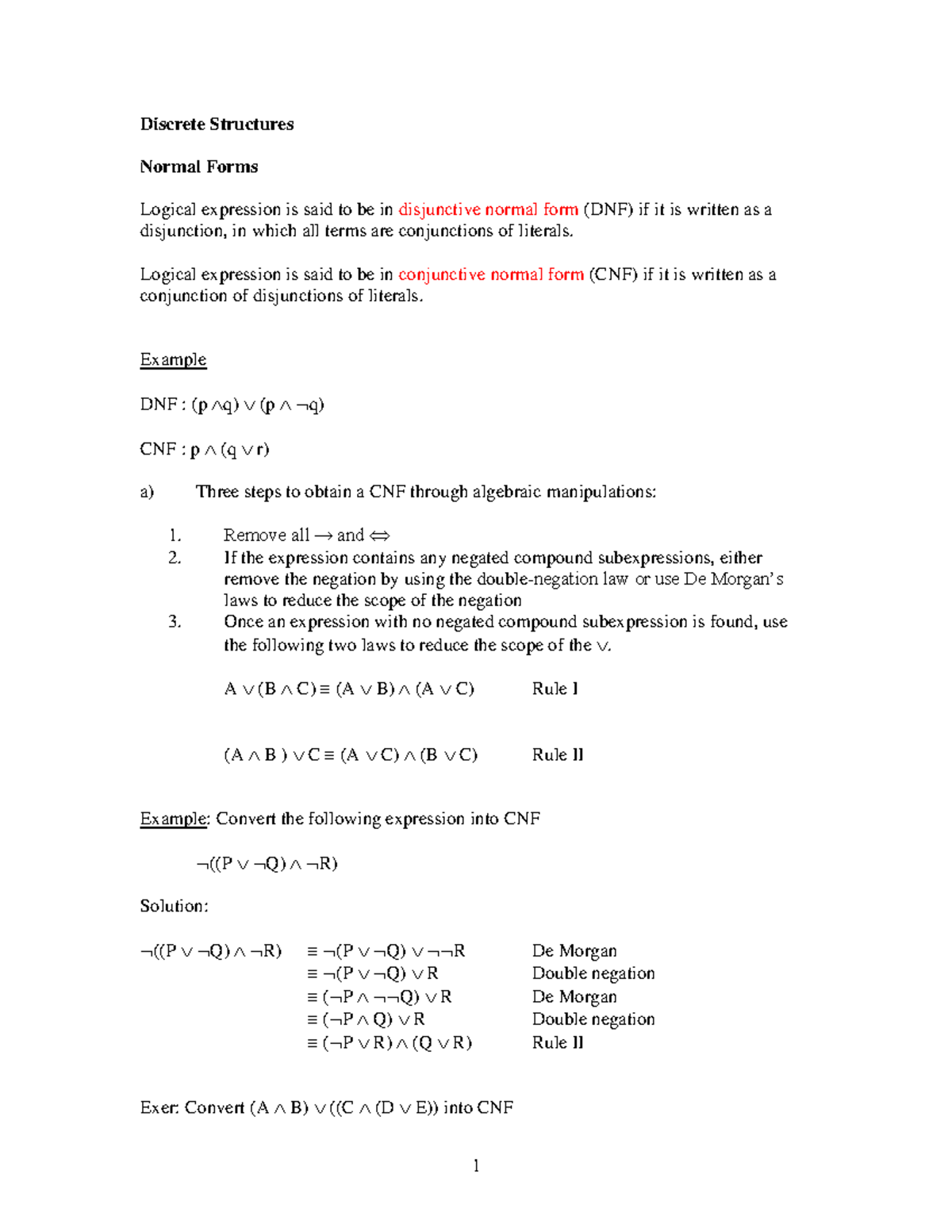 Class extra - Discrete Structures Normal Forms Logical expression is ...