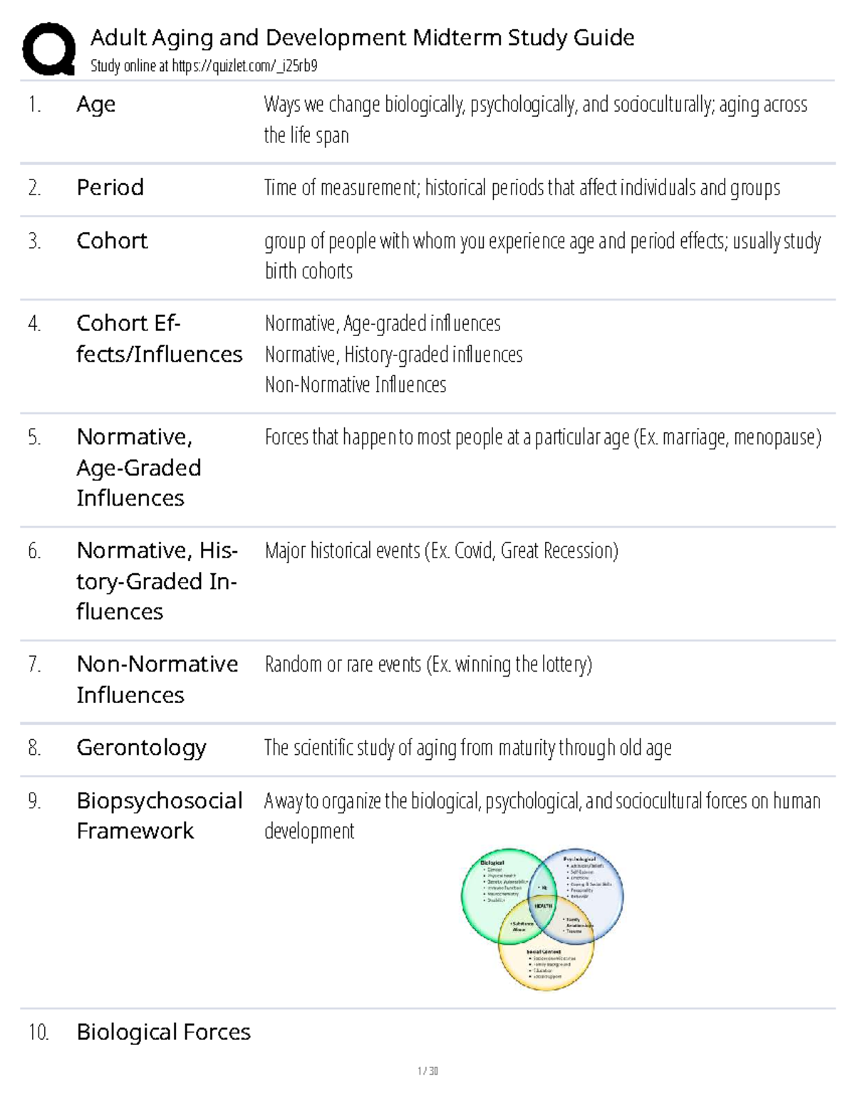 Adult Aging and Development (PSY 305) Midterm Study Guide: Key Concepts ...