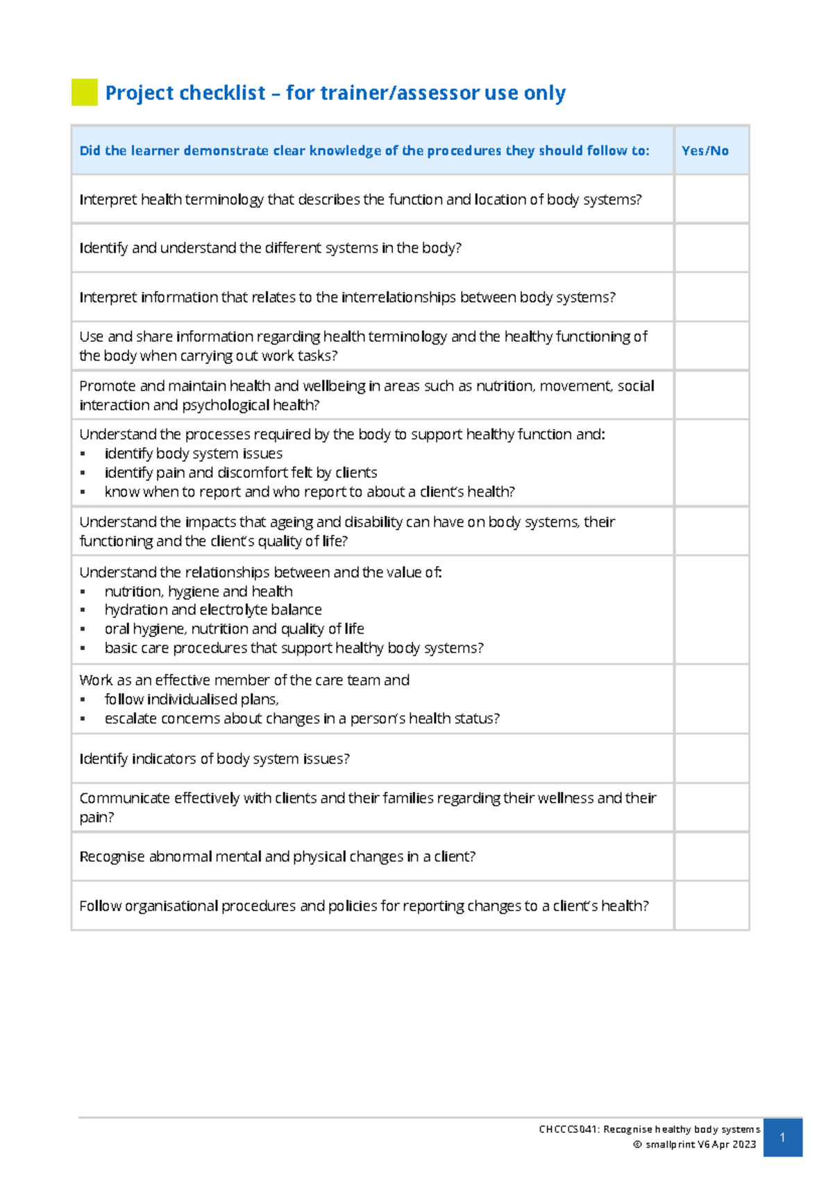 CHCCCS041 Project Checklist: Understanding Healthy Body Systems - Studocu