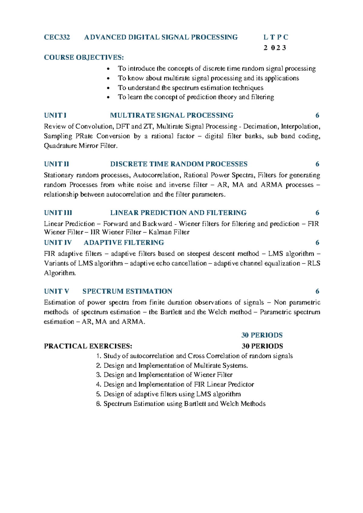CEC332 Advanced Digital Signal Processing Syllabus Overview - Studocu