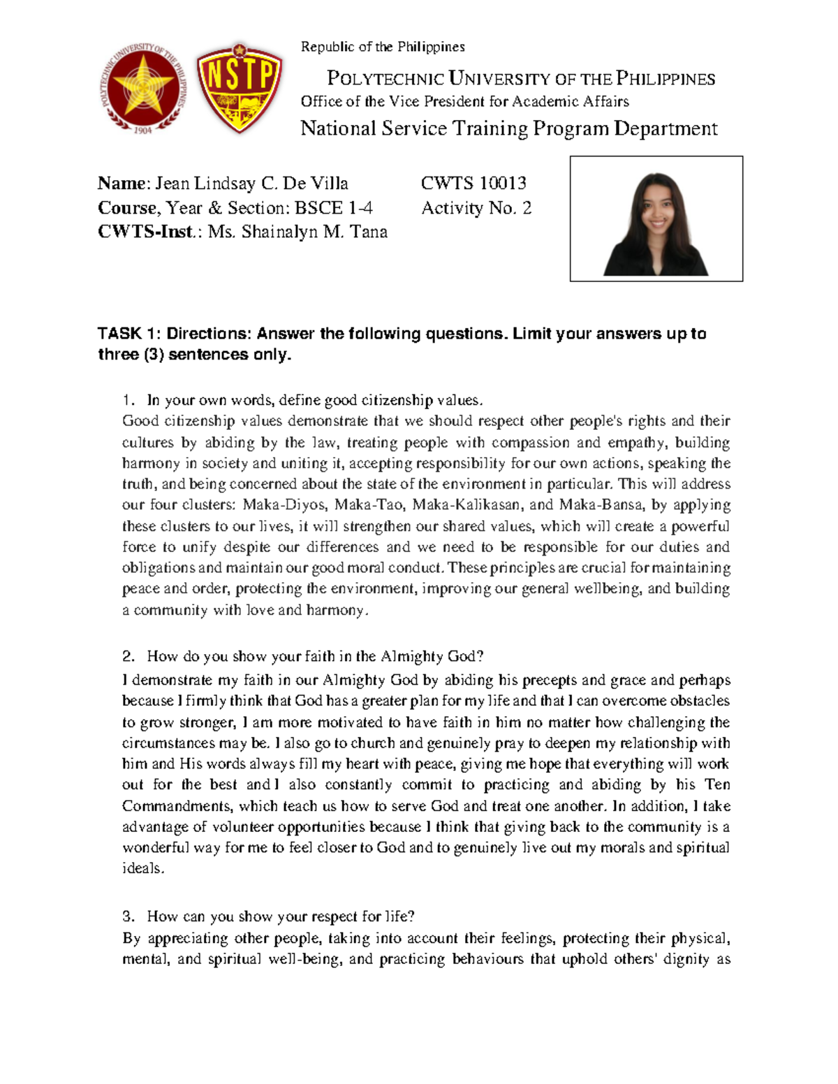 CWTS 10013: Reflections on Good Citizenship and Filipino Character ...