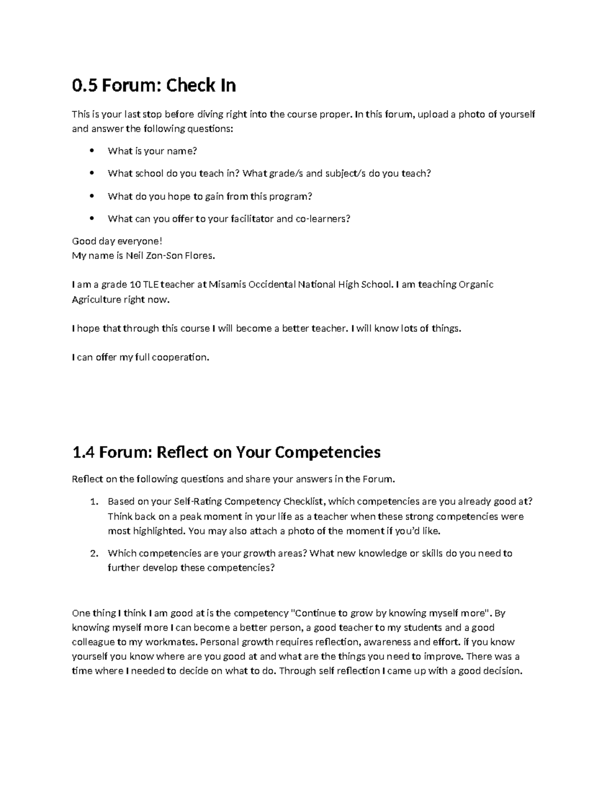 0.5 Forum: Check In and Reflect on Teaching Competencies - Studocu