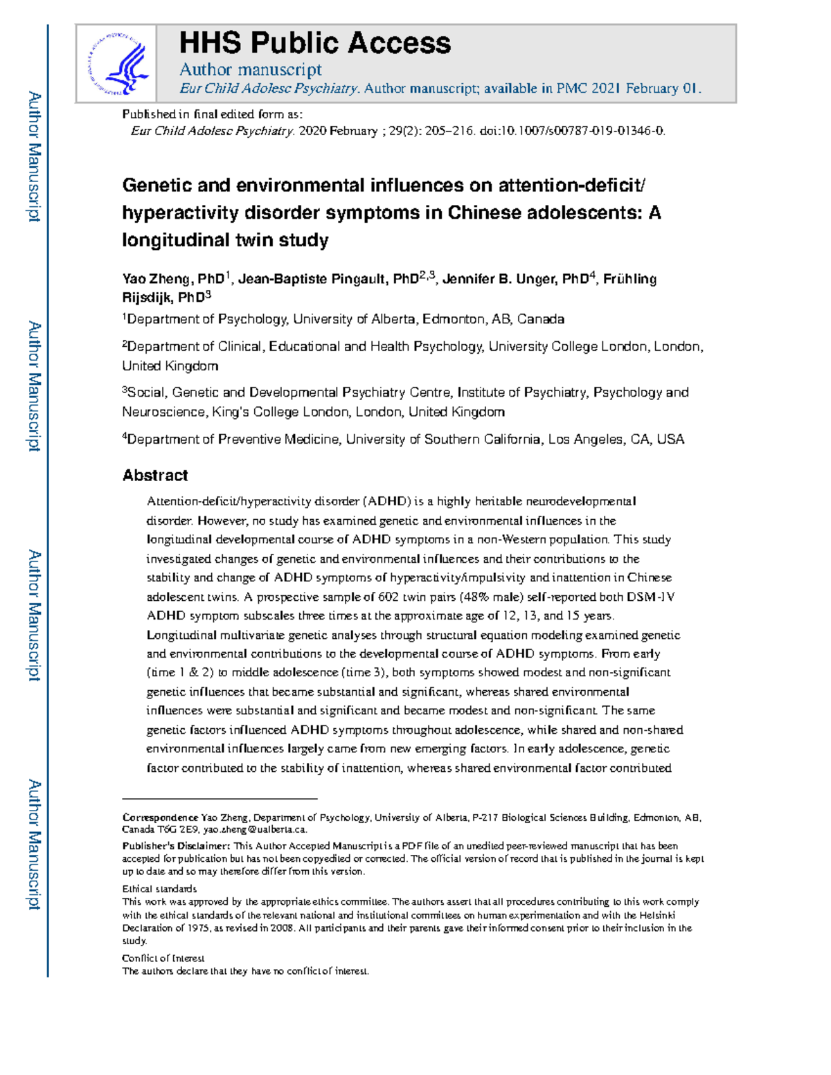 Genetic and Environmental Influences on ADHD in Chinese Adolescents: A ...