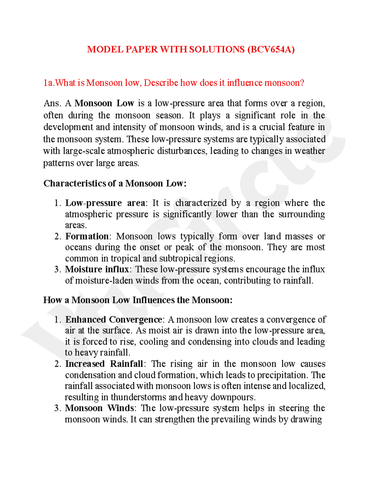 Water Model Set 1 Solutions (BCV654A) - Monsoon & Aquatic Ecosystems ...