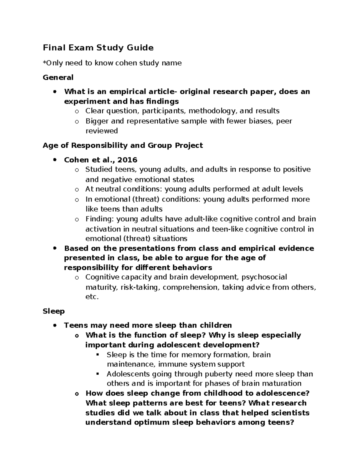 Cognitive Development, Sleep, and Media Impact: Final Exam Study Guide ...