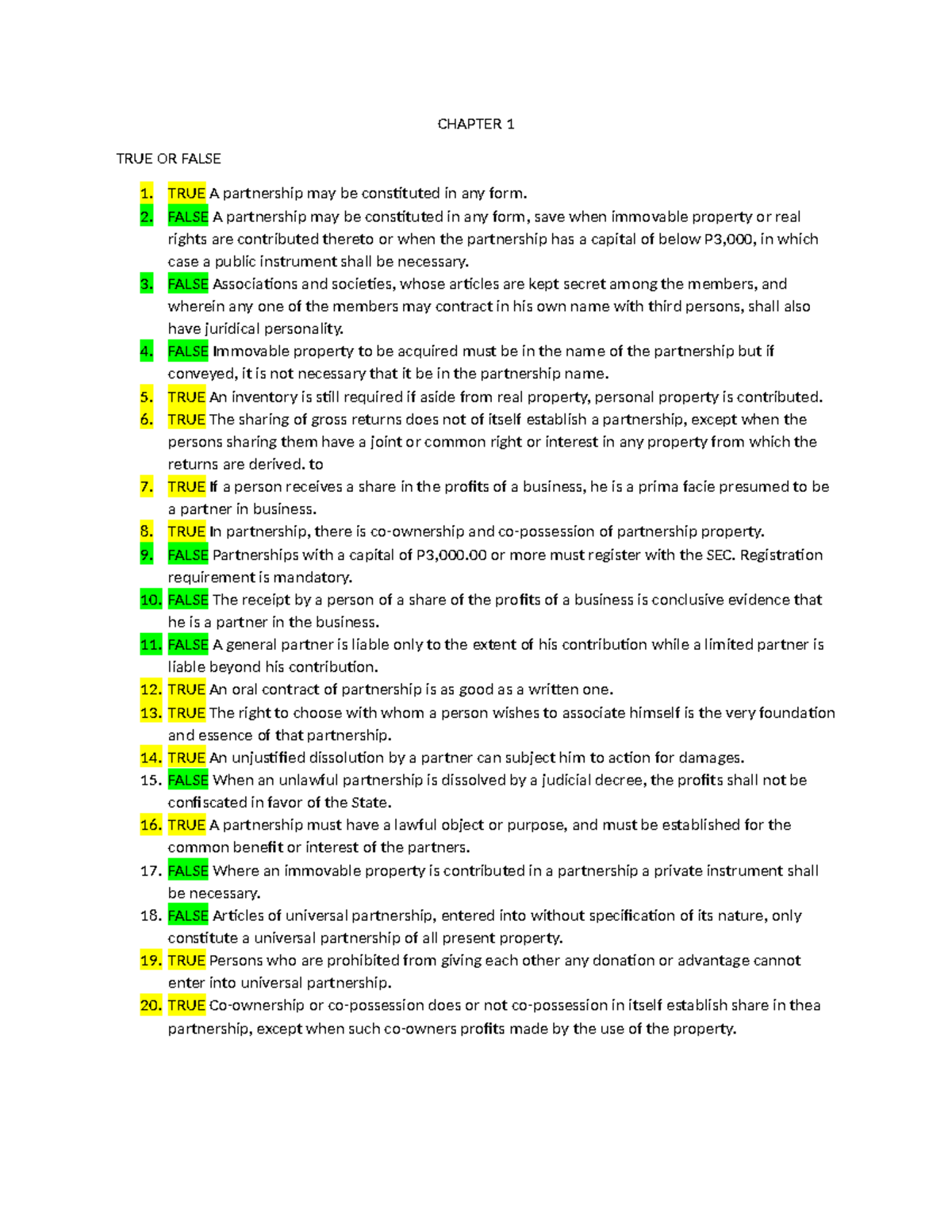 P1: True or False & Multiple Choice Questions on Partnership Law - Studocu