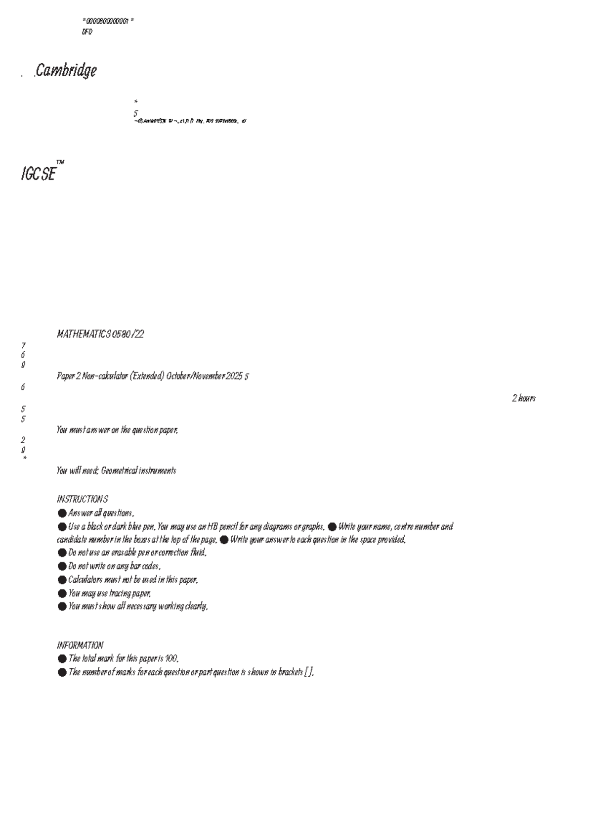Cambridge 5 Mathematics 0580 W25 Paper 2 (Extended) Exam 2025 - Studocu