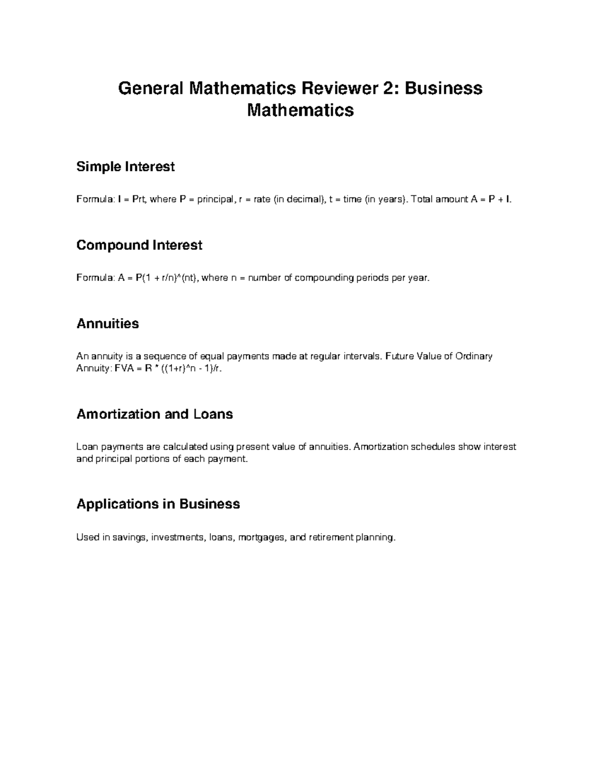 Reviewer 2 Business Math - General Mathematics Reviewer 2: Business ...