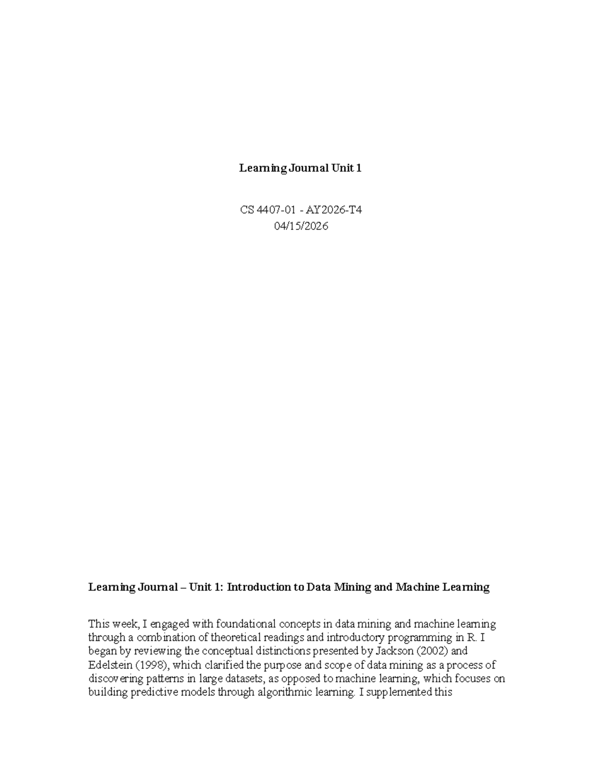 Learning Journal Unit 1: Intro to Data Mining & ML - Studocu