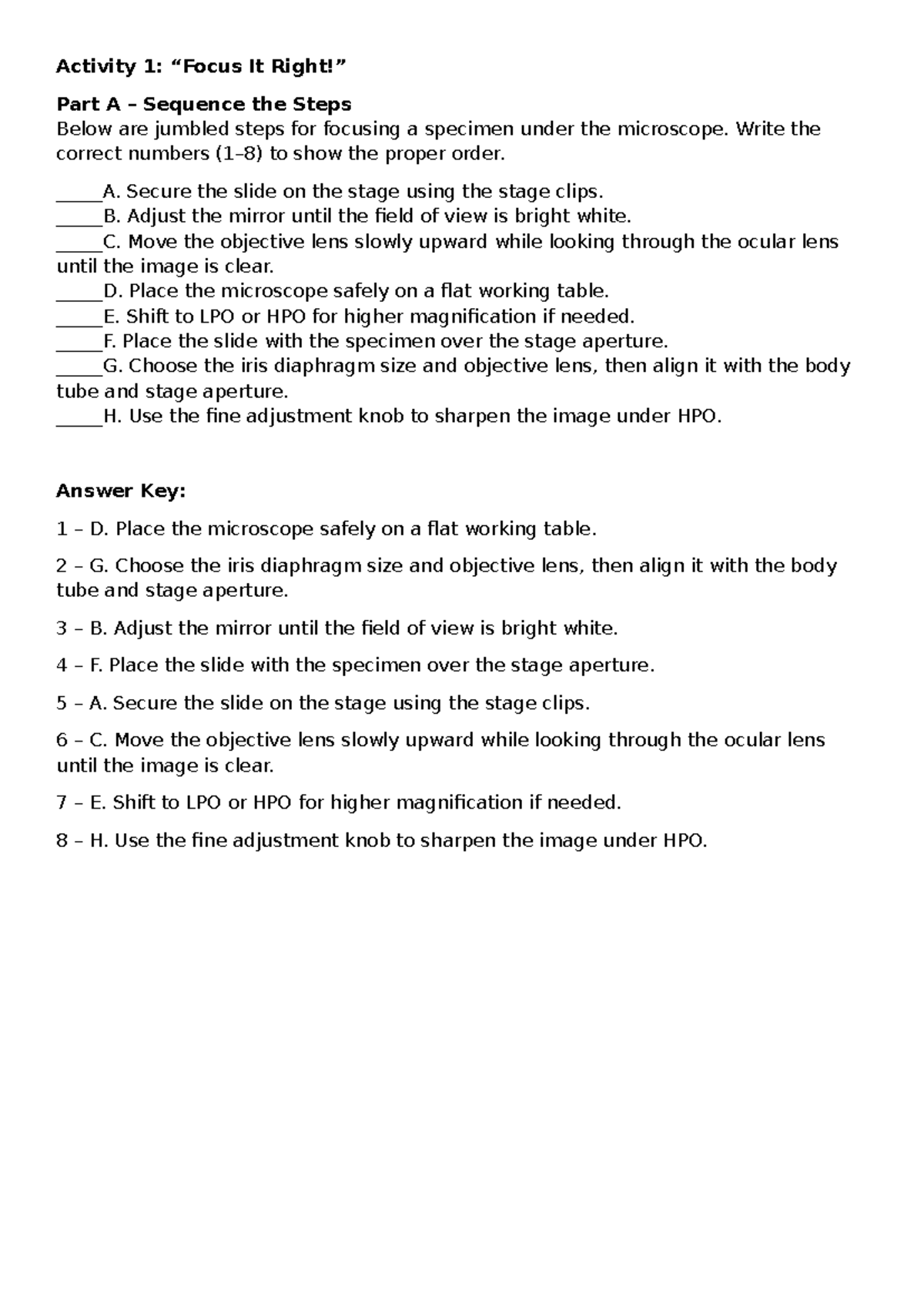 Activity 1: Focus It Right - Steps for Microscope Use - Studocu