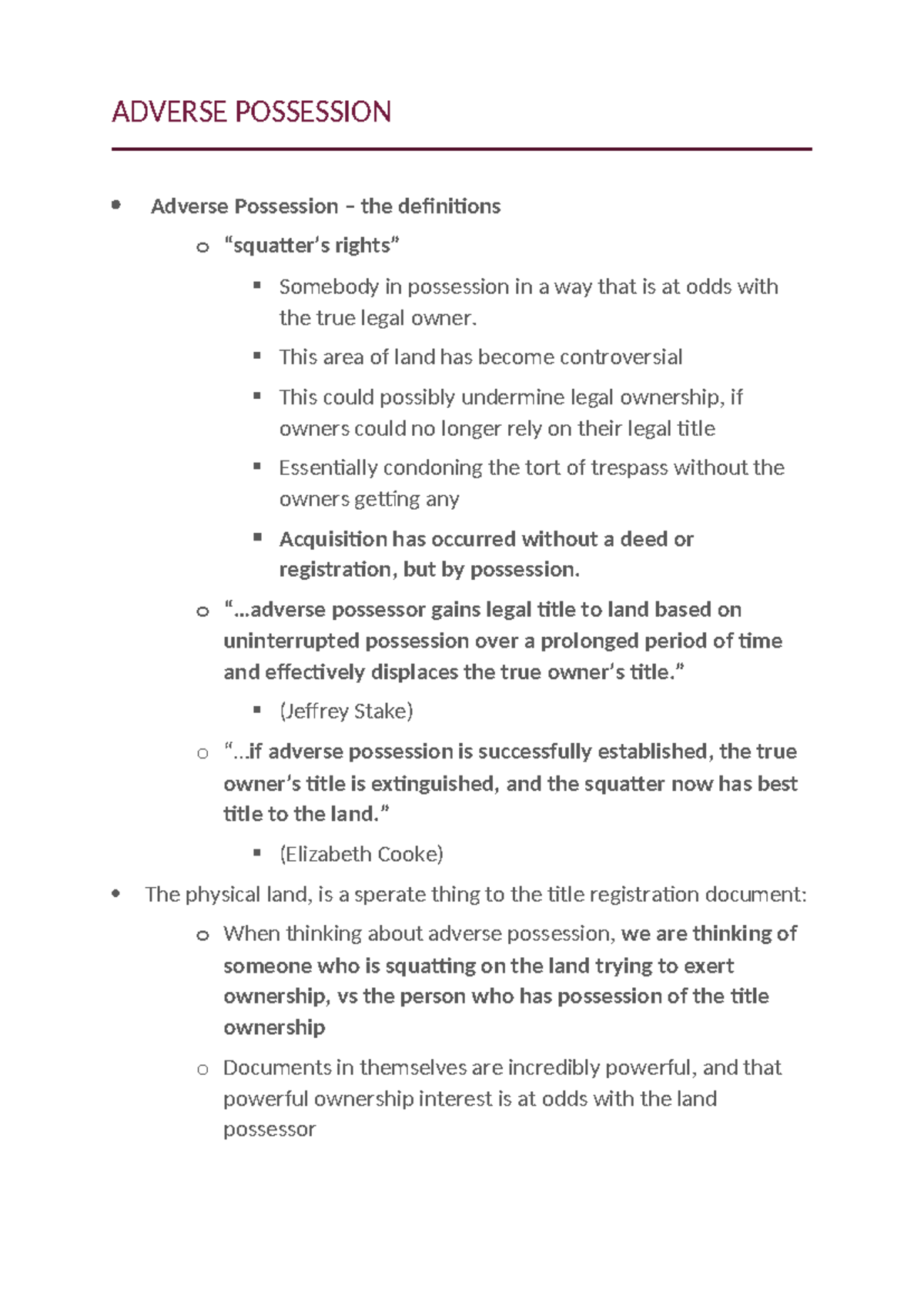 Adverse Possession (AP) - Lecture Notes on Legal Ownership and Rights ...