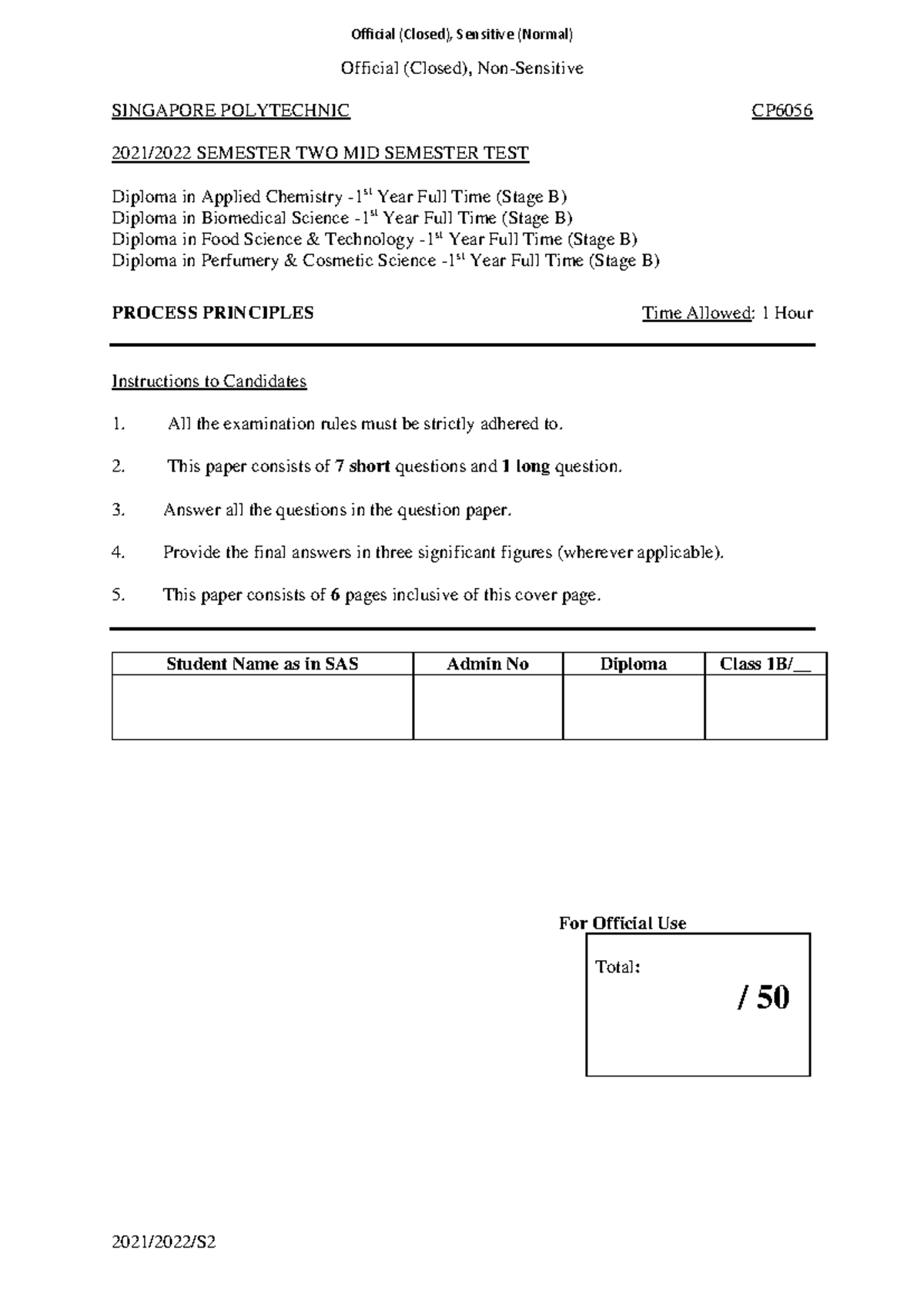 CP6056 Semester Two Mid Semester Test: Process Principles - Studocu