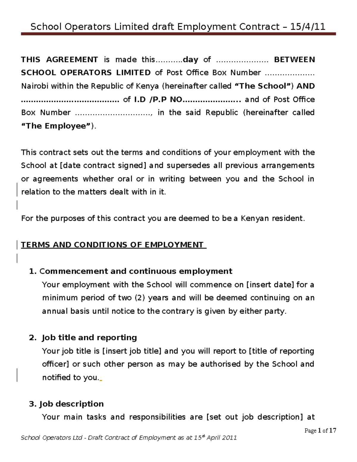 School Operators Ltd Draft Employment Contract Overview - Studocu