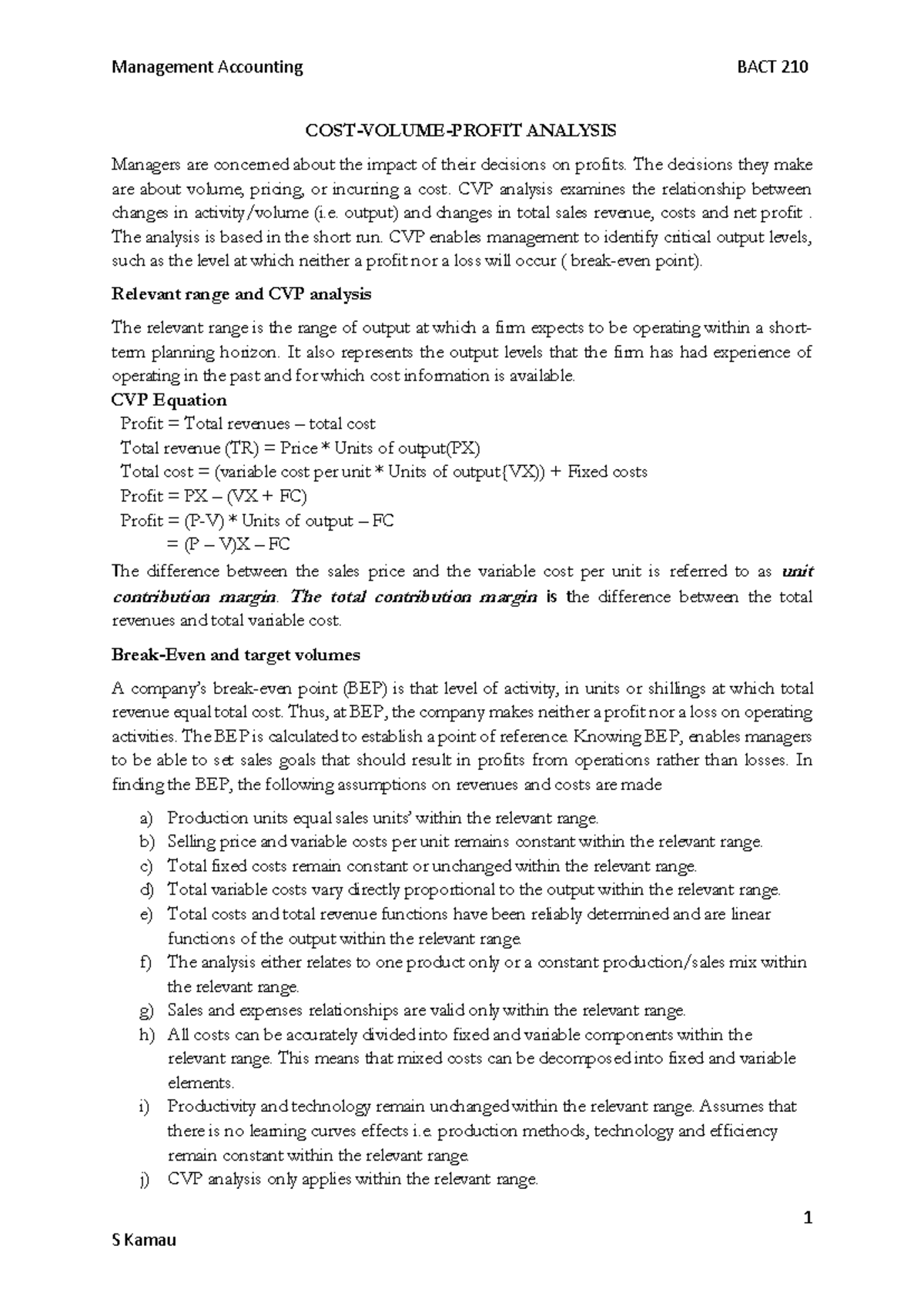 Management Accounting BACT 210: CVP Analysis and Break-Even Point - Studocu