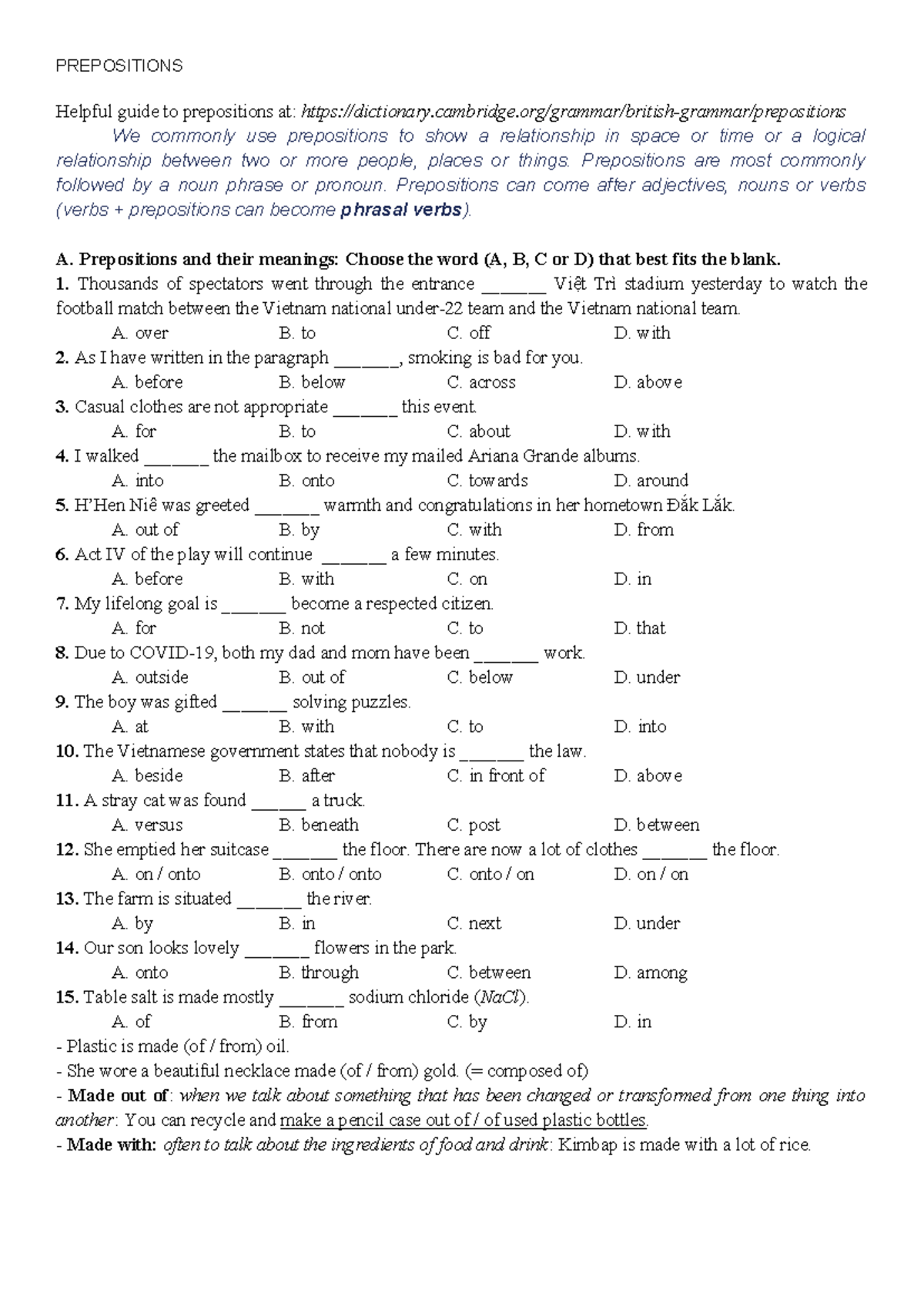 PREPOSITIONS Exercises for Advanced Students (No Key) - Studocu