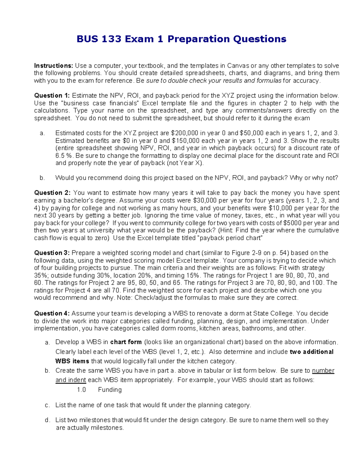 BUS 133 Final Exam 1 Preparation Questions and Guidelines - Studocu